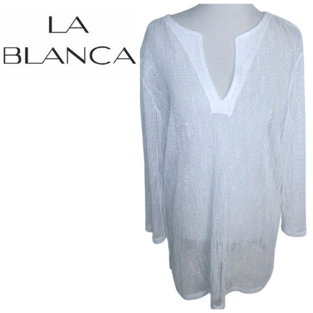 La Blanca White Fishnet~Mesh Sequin Swim Cover Up
